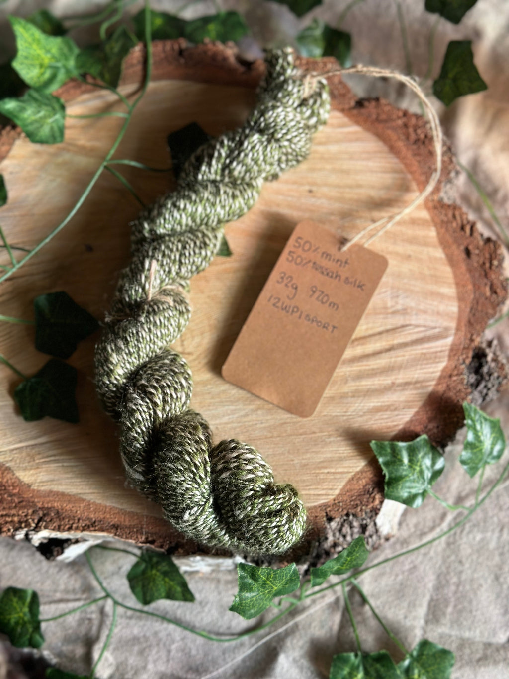 Mint and tussah silk - Hand-spun  sport yarn 32g 97m