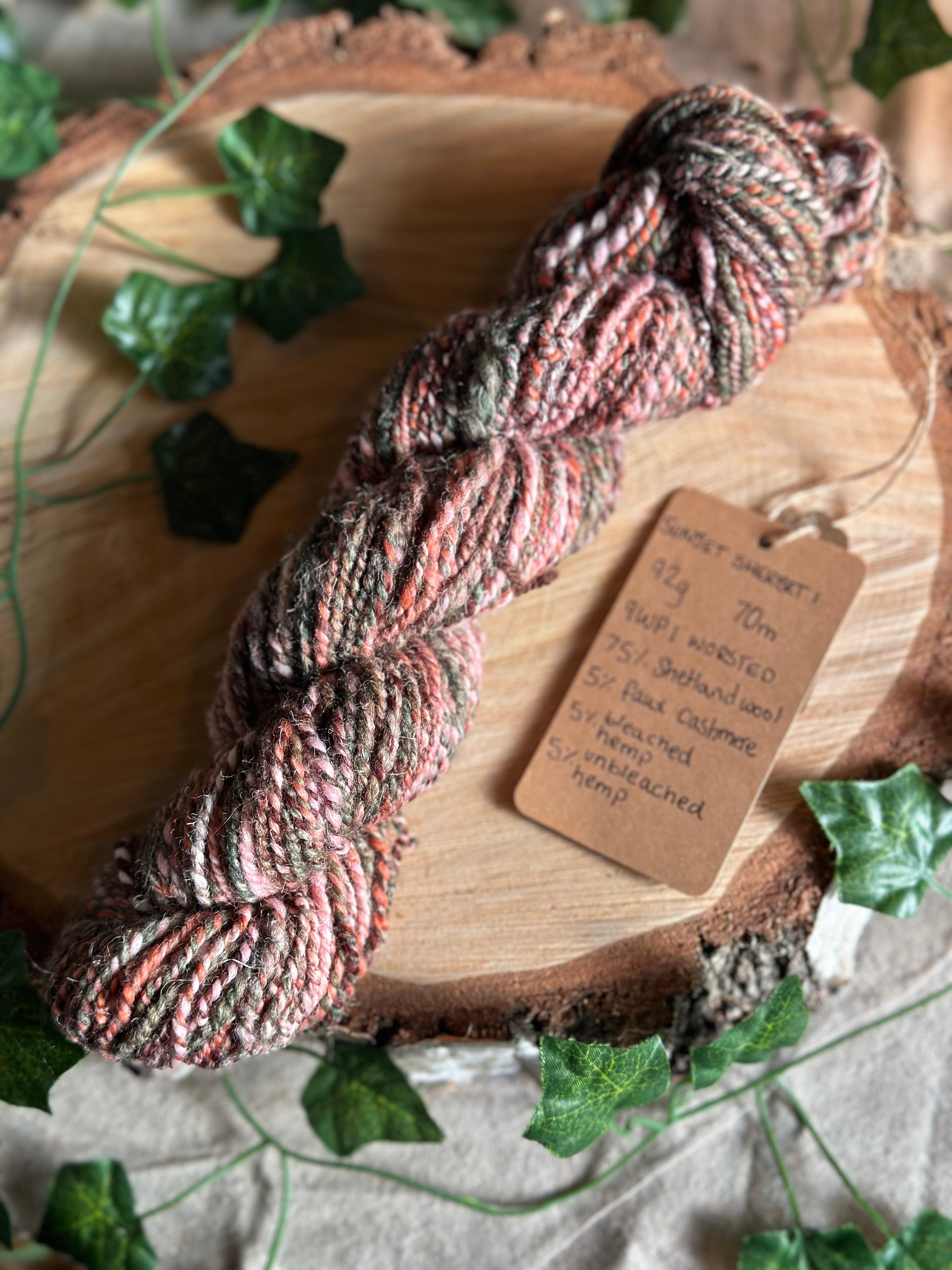 Sunset Sherbet 1 - worsted Shetland cannabis inspired yarn pink and green