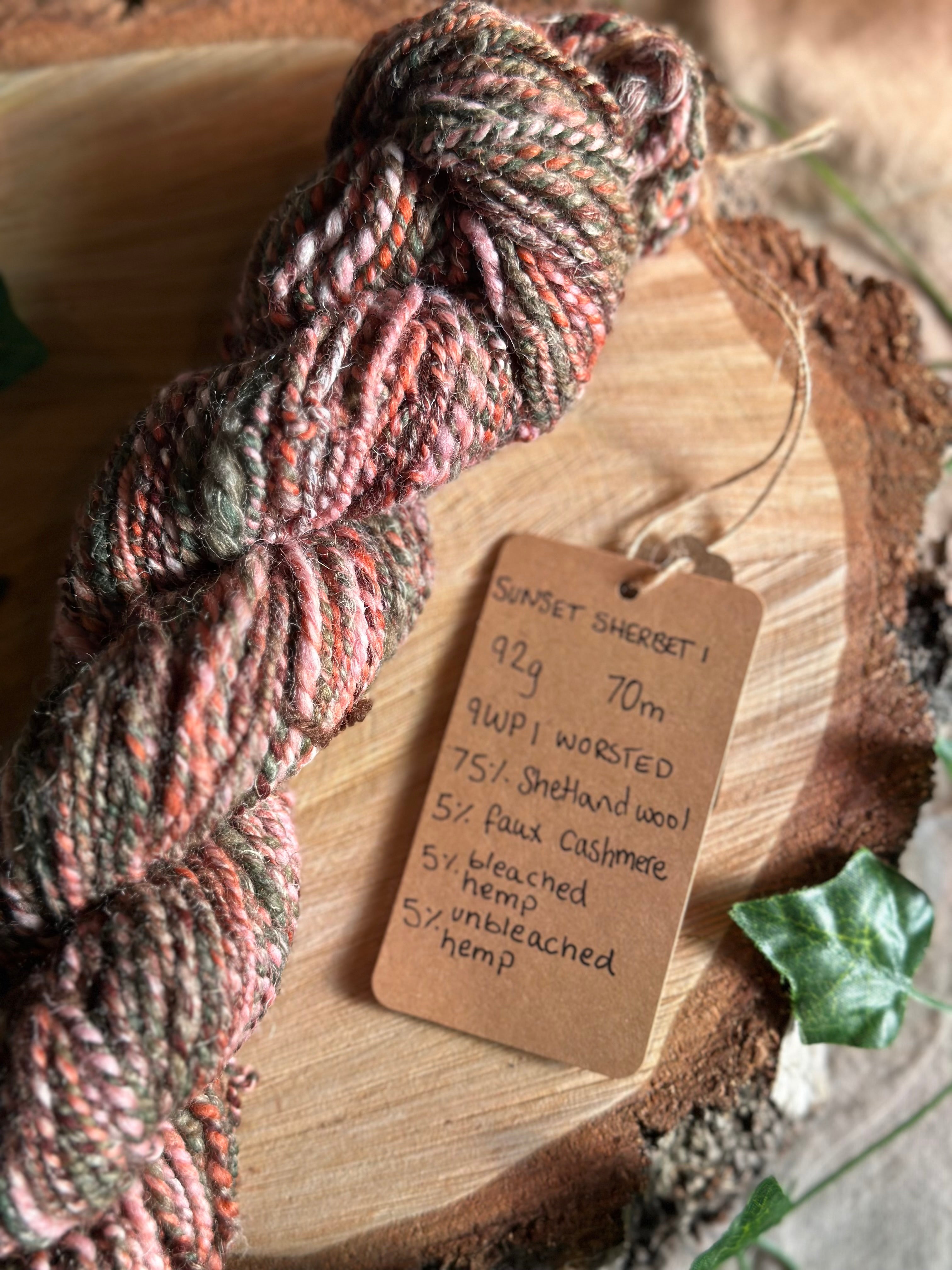 Sunset Sherbet 1 - worsted Shetland cannabis inspired yarn pink and green