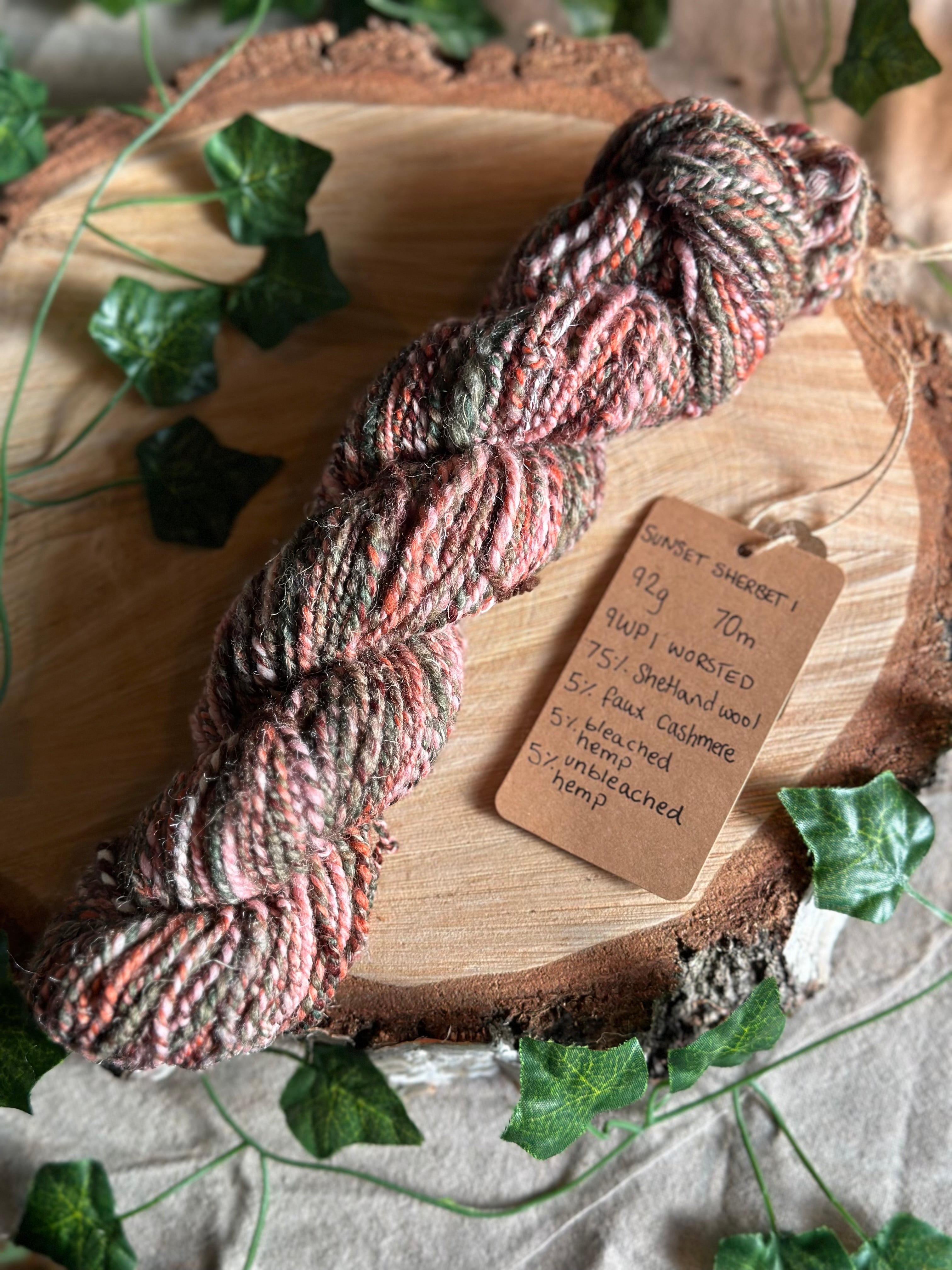 Sunset Sherbet 1 - worsted Shetland cannabis inspired yarn pink and green