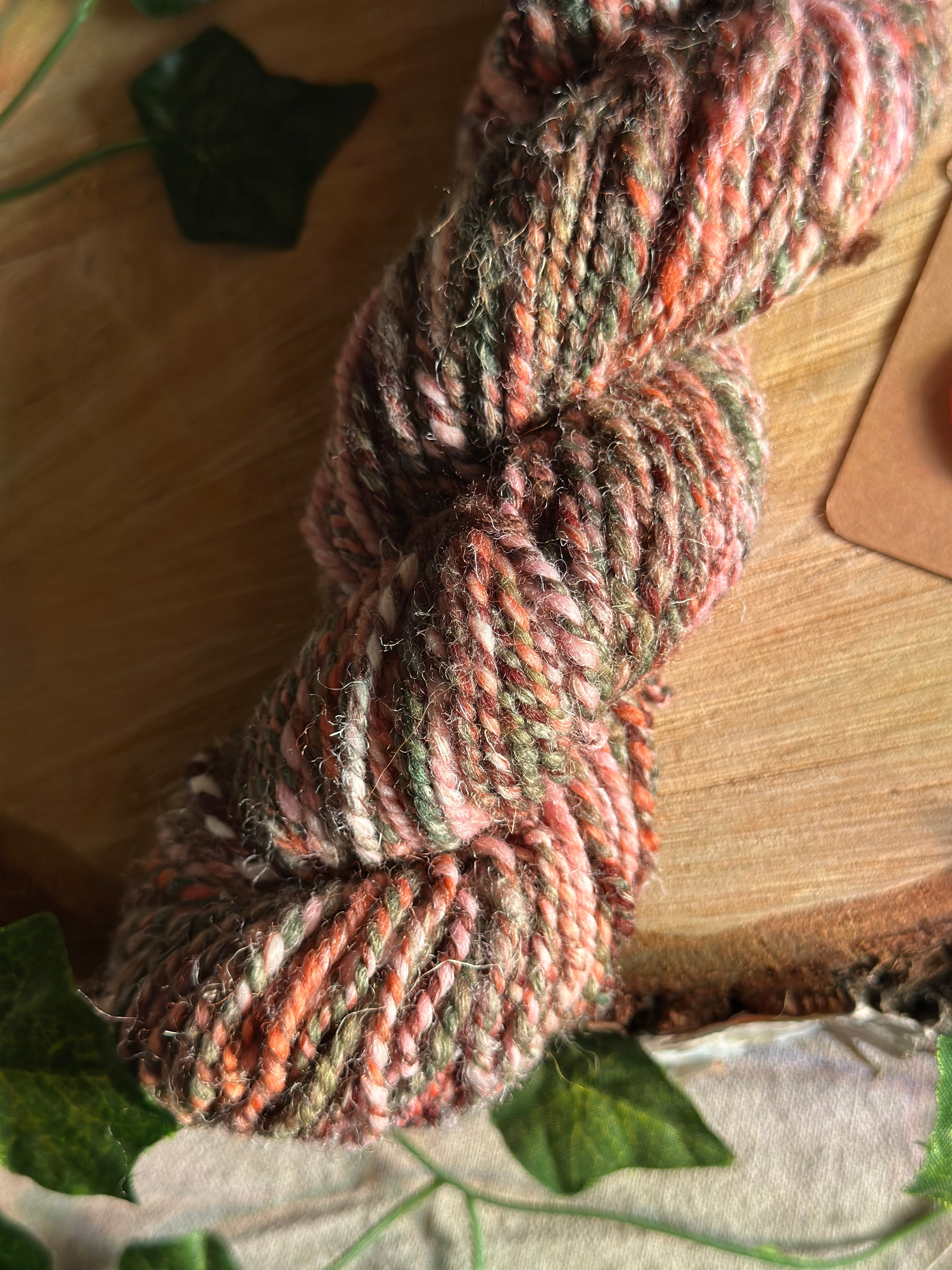 Sunset Sherbet 1 - worsted Shetland cannabis inspired yarn pink and green