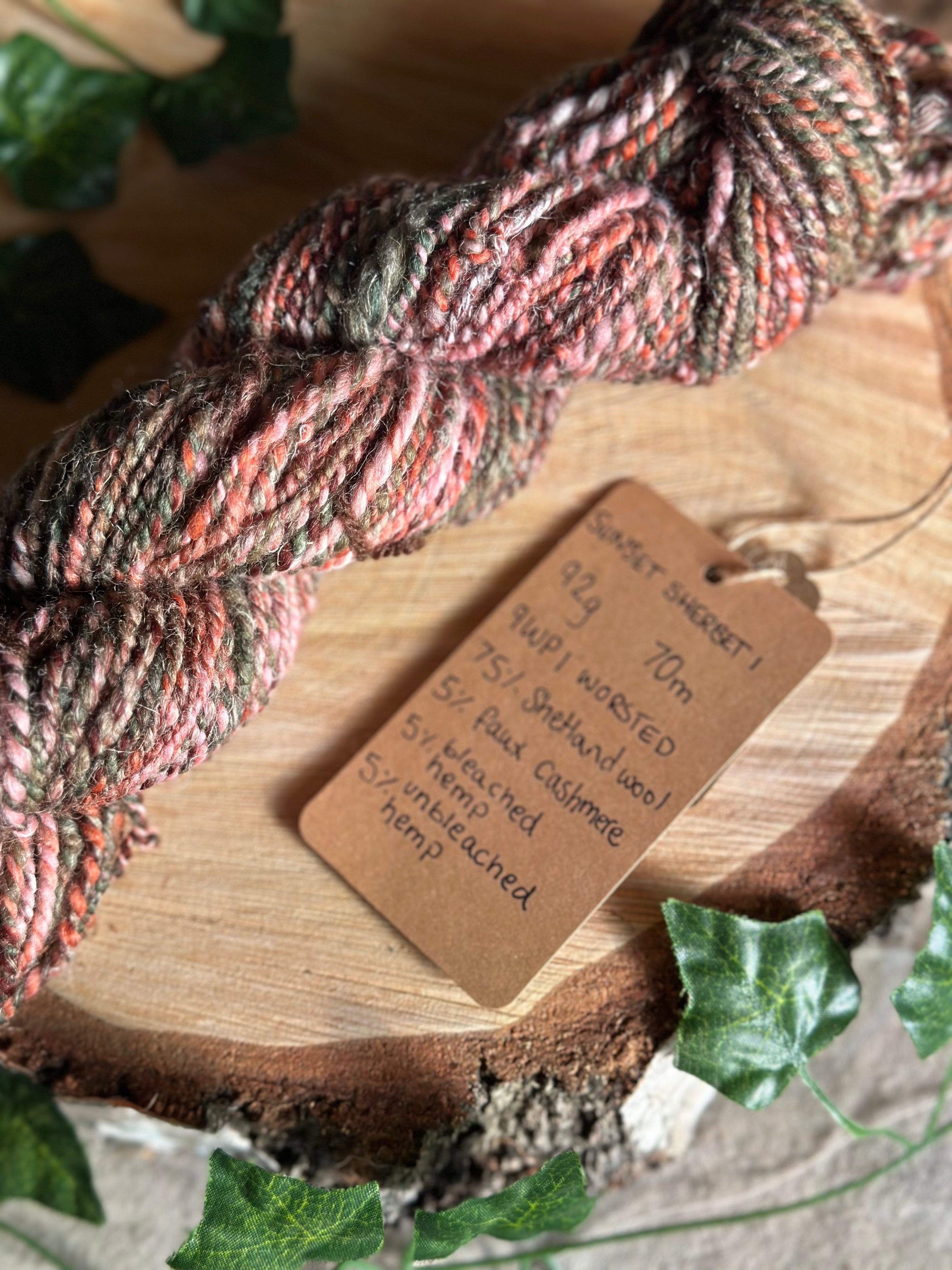 Sunset Sherbet 1 - worsted Shetland cannabis inspired yarn pink and green