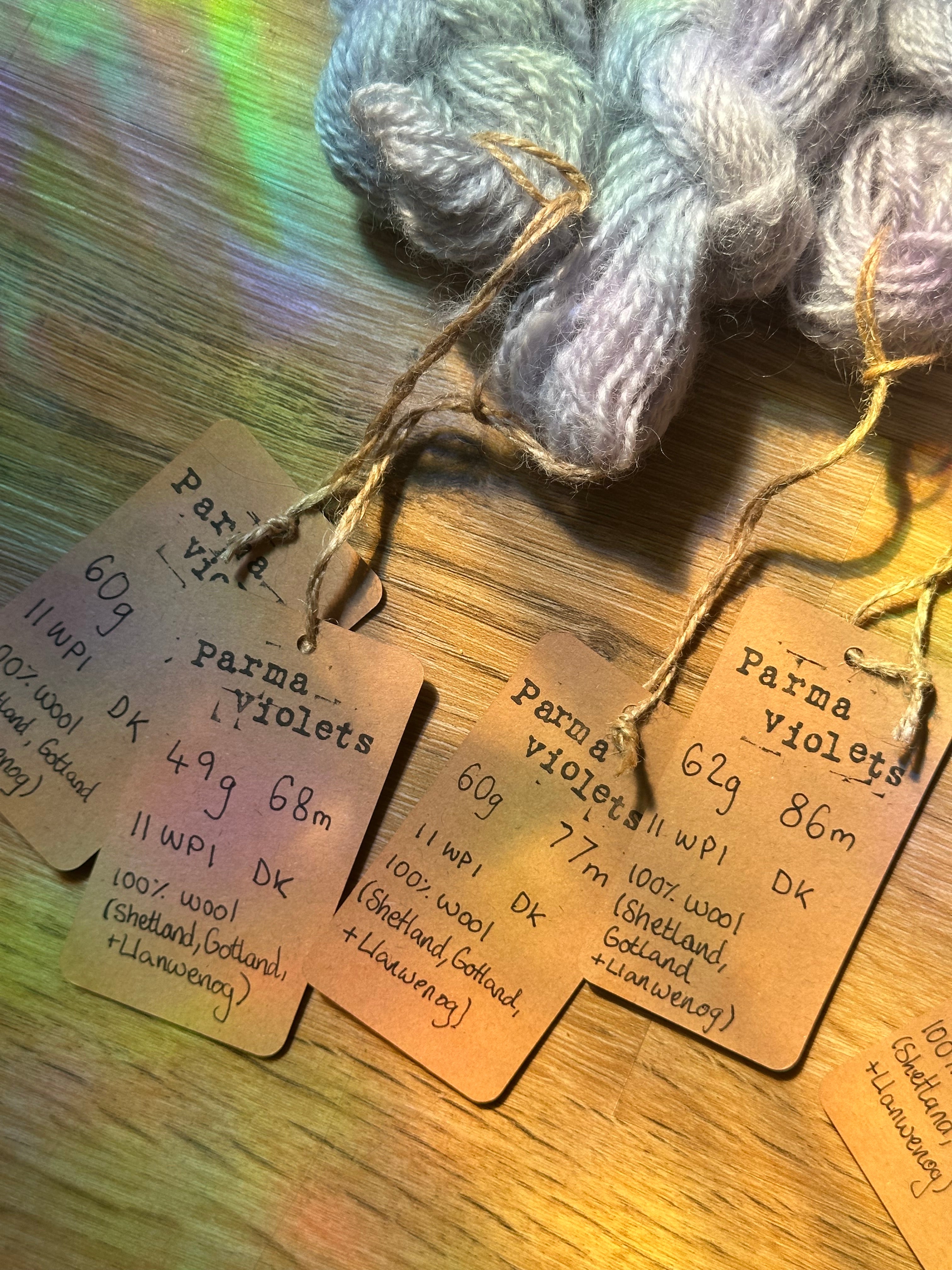 ‘Sweater quantity’ / full batch 473g handspun silver / lilac yarn in colourway: Parma violets