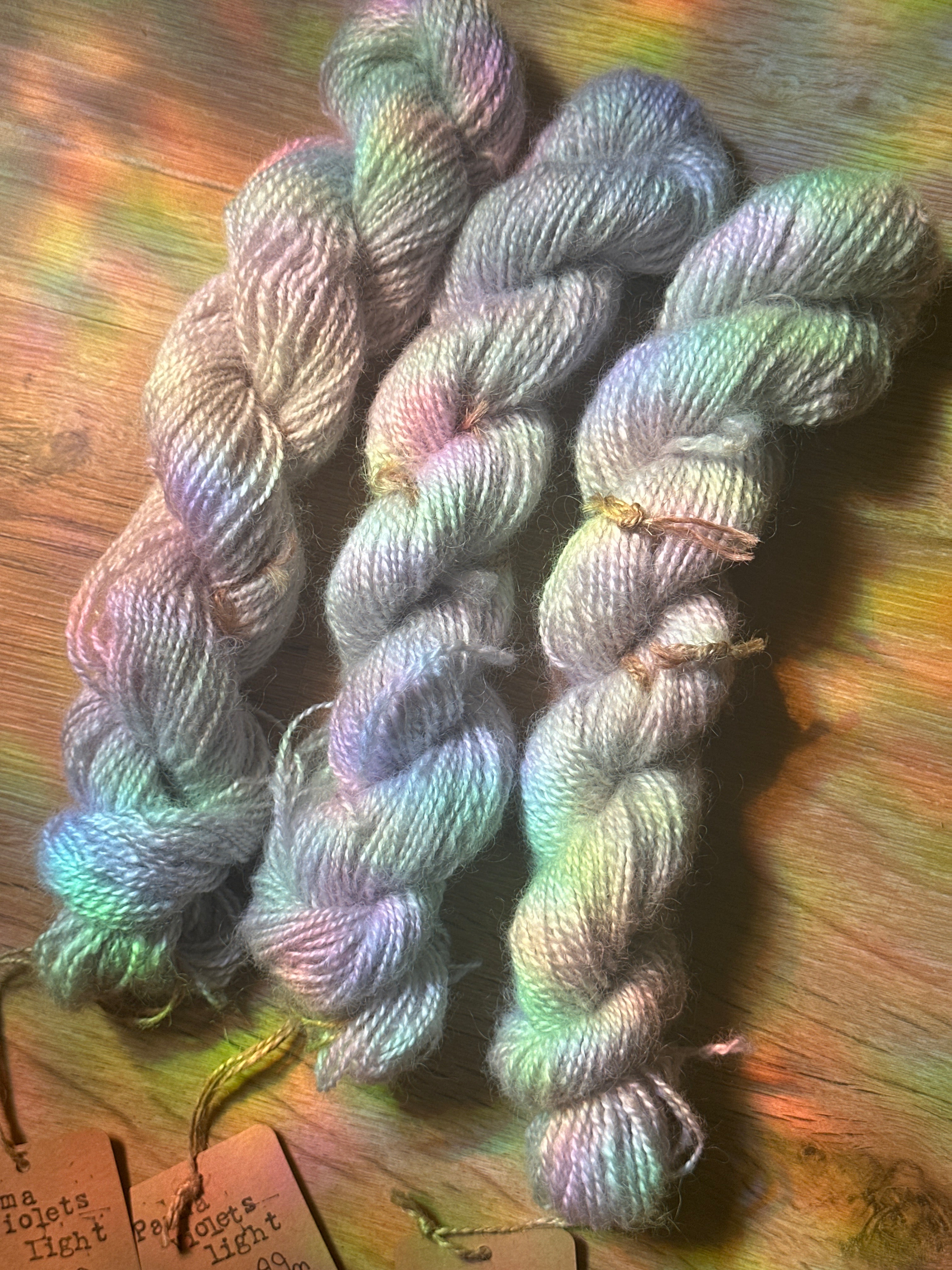 Parma violets light - full batch 211g handspun silver / lilac yarn