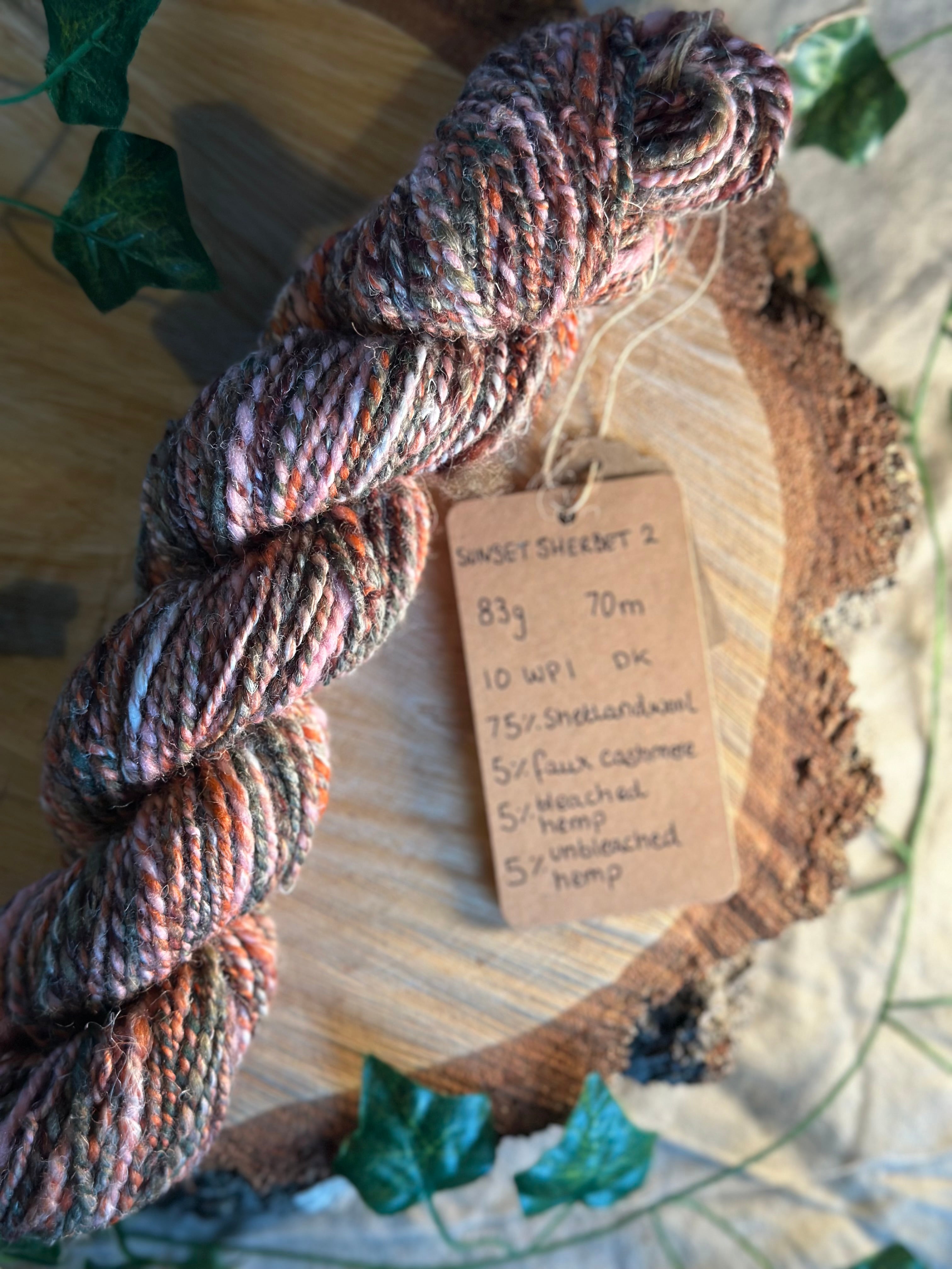 Sunset Sherbet 2 - hand blended hemp inspired Shetland wool yarn
