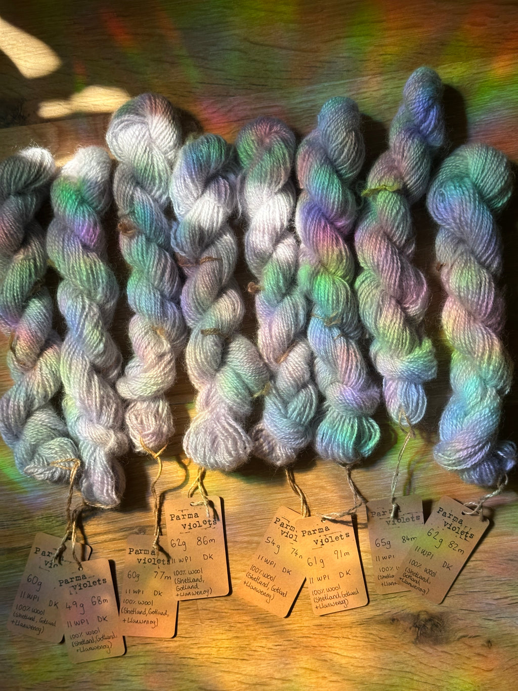 ‘Sweater quantity’ / full batch 473g handspun silver / lilac yarn in colourway: Parma violets