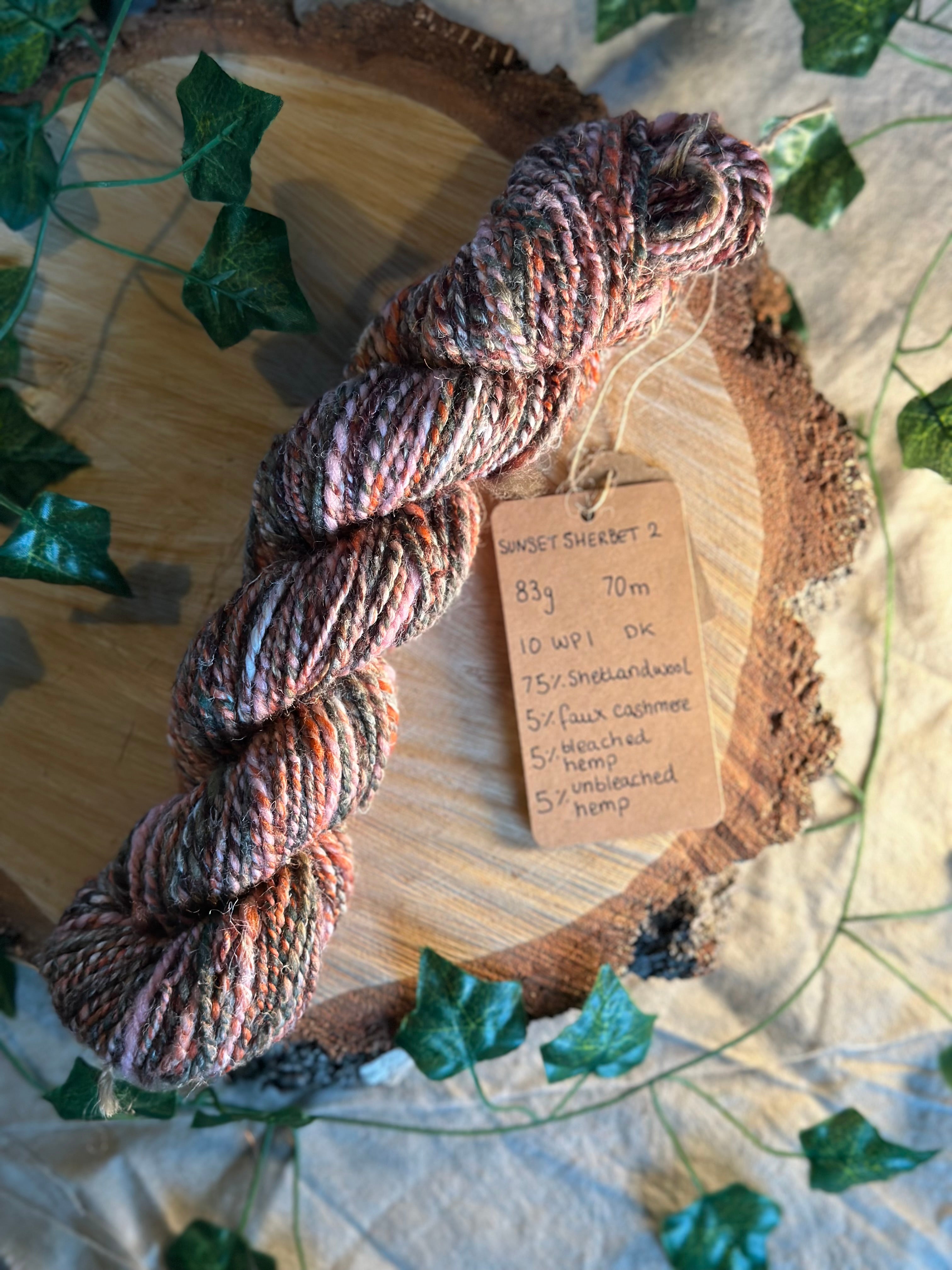 Sunset Sherbet 2 - hand blended hemp inspired Shetland wool yarn