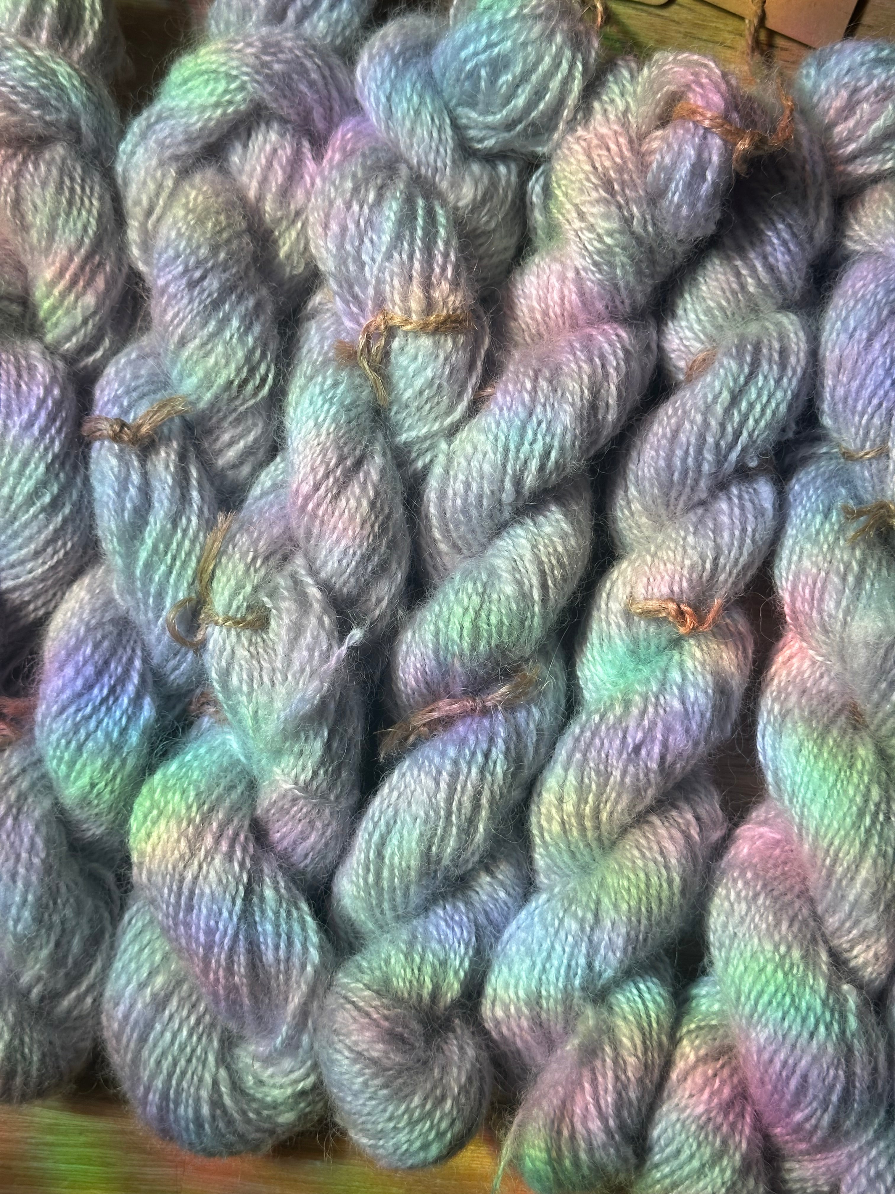 ‘Sweater quantity’ / full batch 473g handspun silver / lilac yarn in colourway: Parma violets
