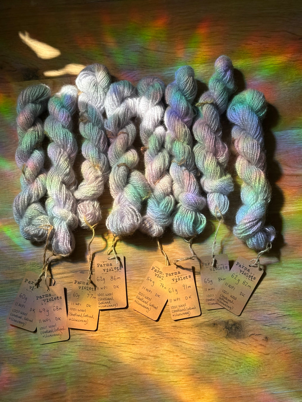 ‘Sweater quantity’ / full batch 473g handspun silver / lilac yarn in colourway: Parma violets