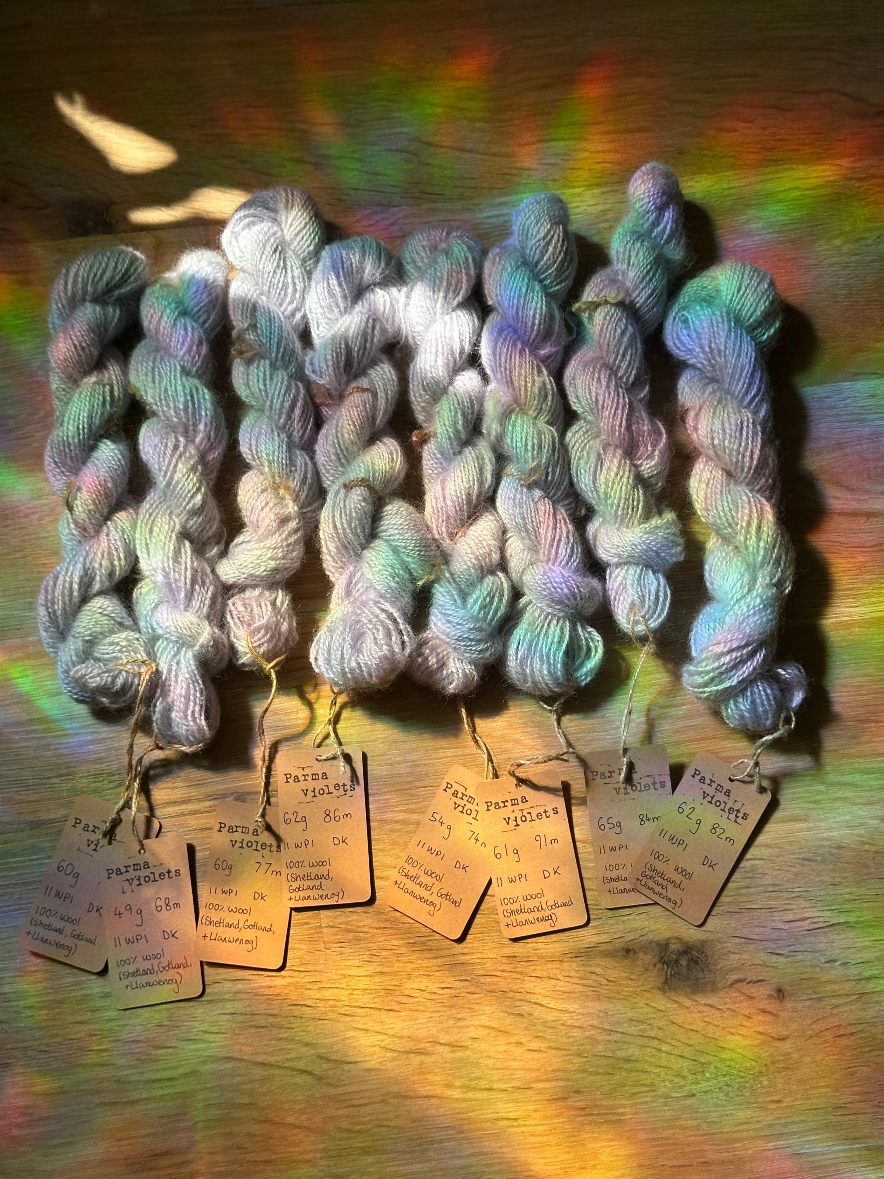 ‘Sweater quantity’ / full batch 473g handspun silver / lilac yarn in colourway: Parma violets