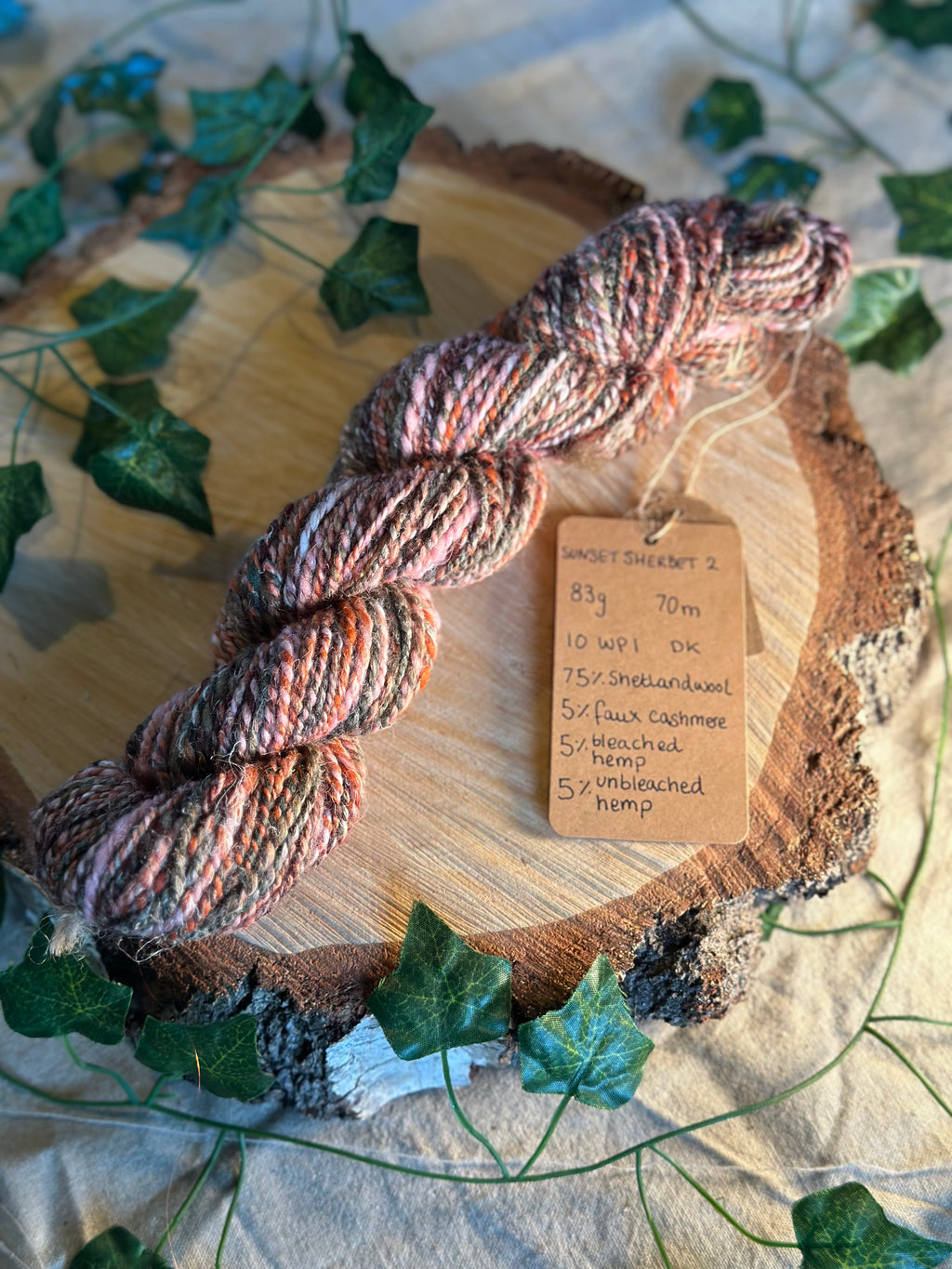 Sunset Sherbet 2 - hand blended hemp inspired Shetland wool yarn