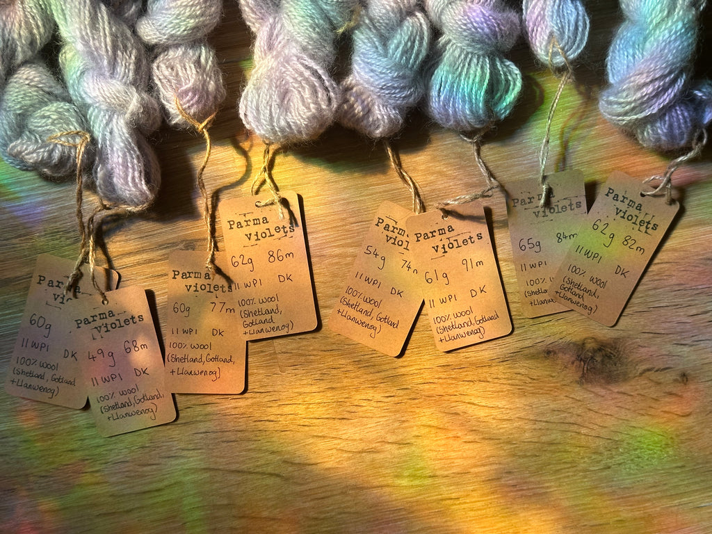 ‘Sweater quantity’ / full batch 473g handspun silver / lilac yarn in colourway: Parma violets