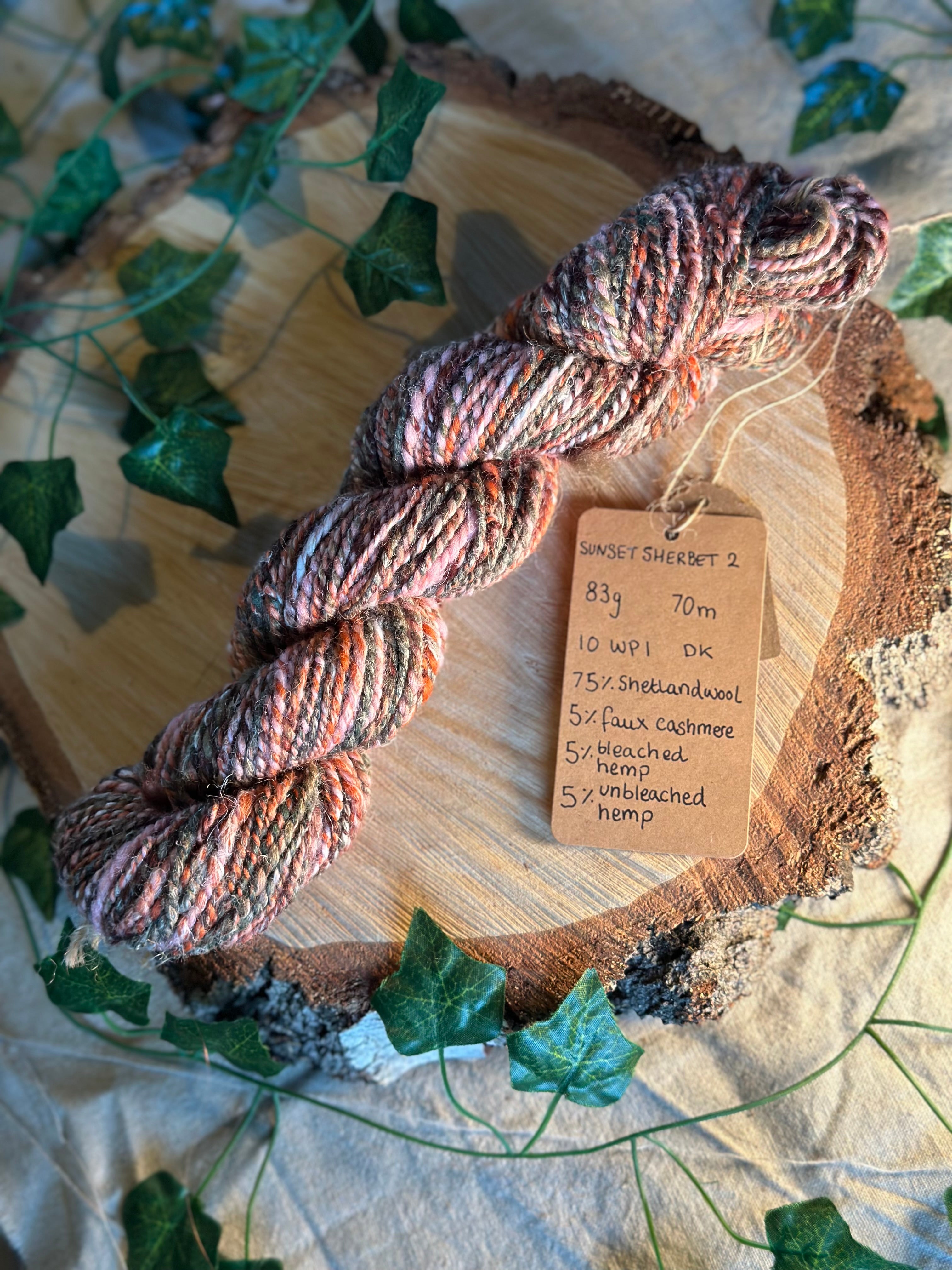 Sunset Sherbet 2 - hand blended hemp inspired Shetland wool yarn