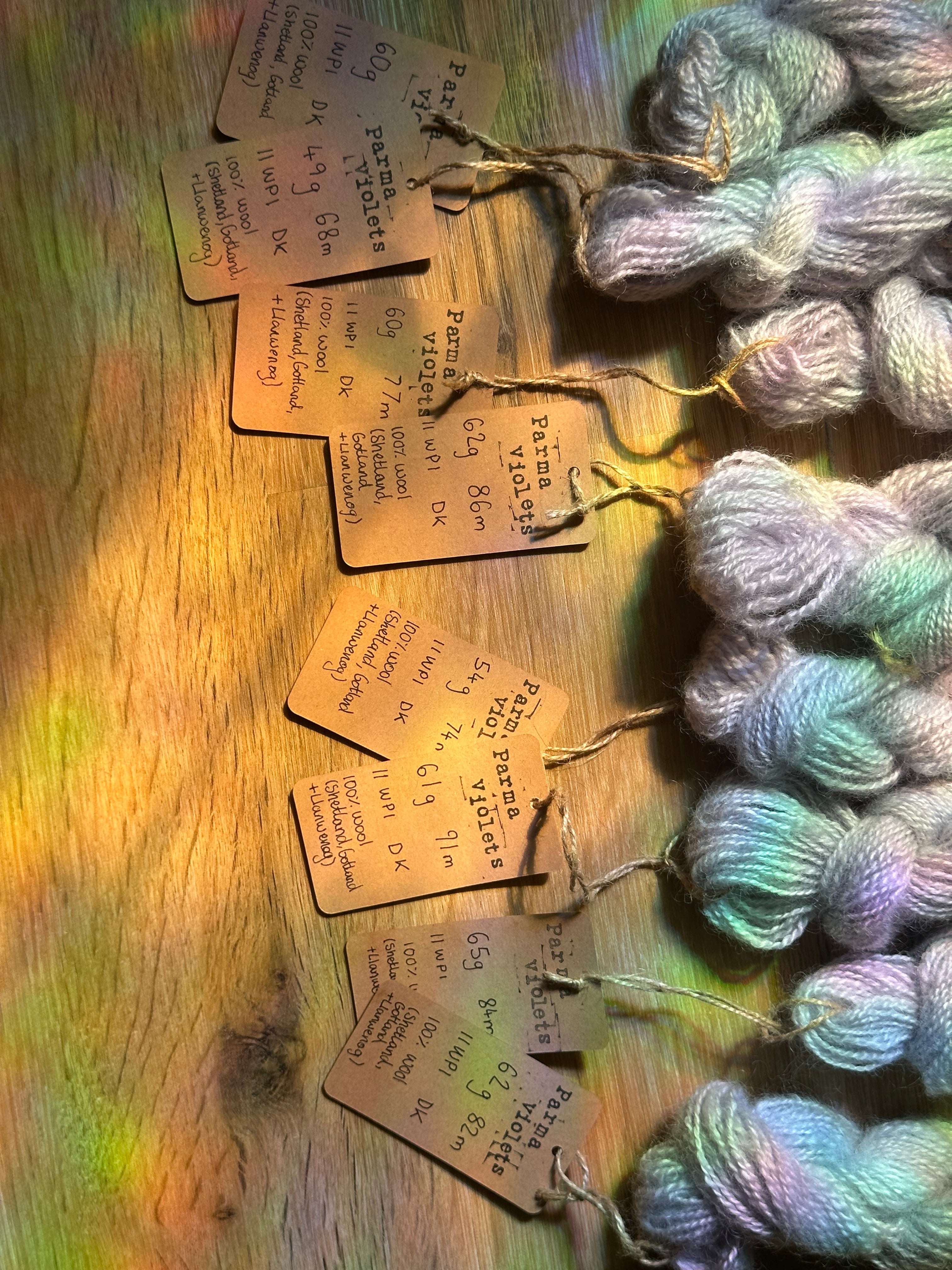 ‘Sweater quantity’ / full batch 473g handspun silver / lilac yarn in colourway: Parma violets
