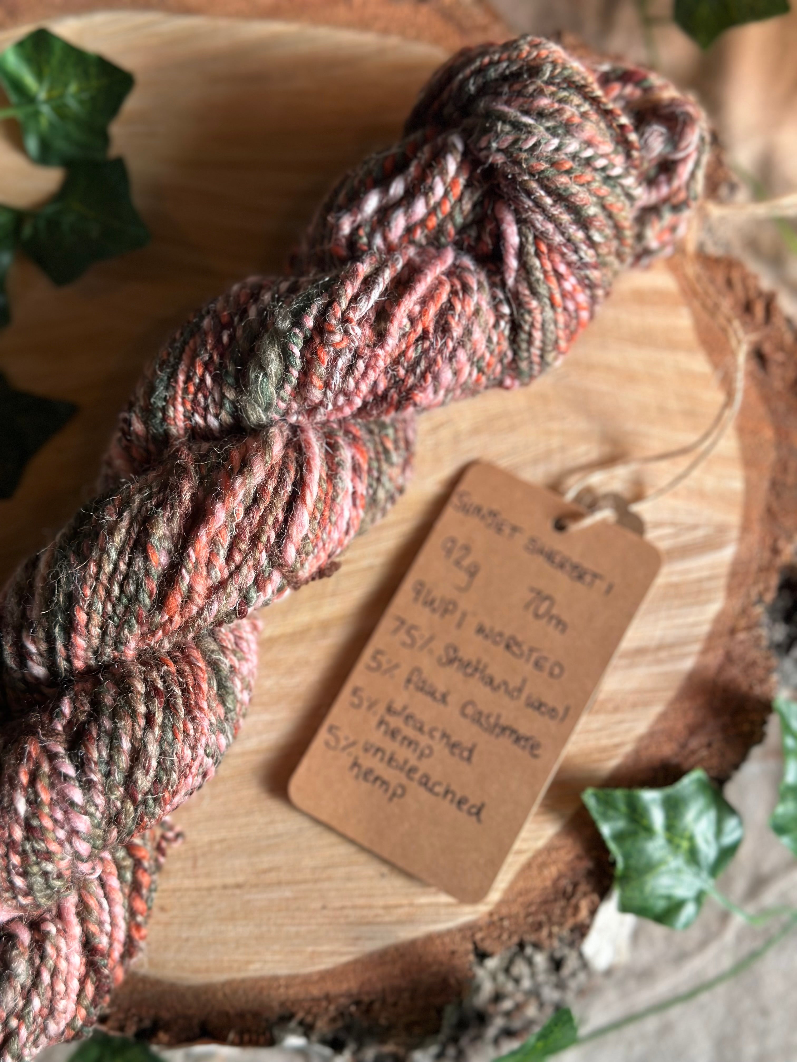 Sunset Sherbet 1 - worsted Shetland cannabis inspired yarn pink and green