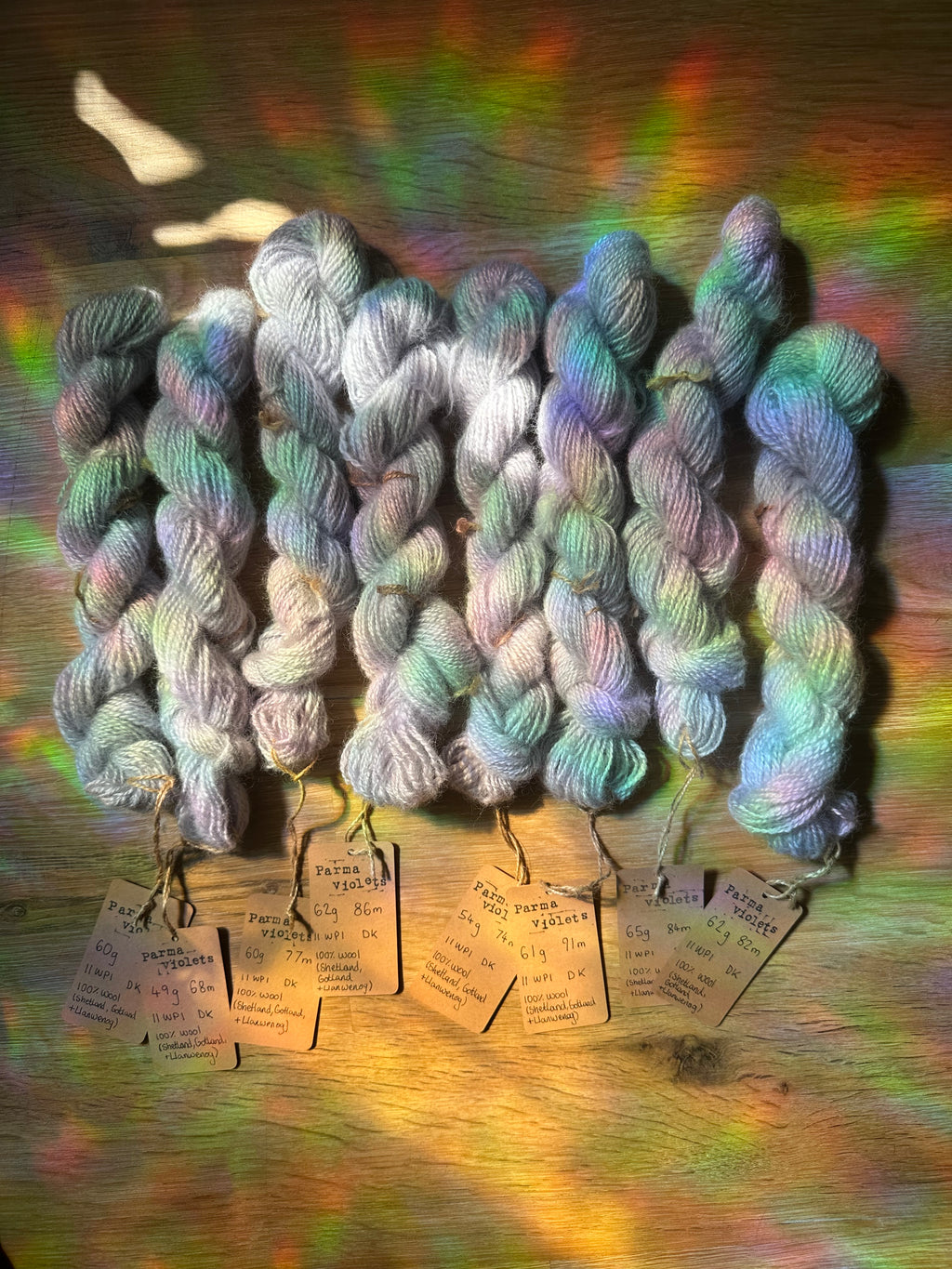 ‘Sweater quantity’ / full batch 473g handspun silver / lilac yarn in colourway: Parma violets