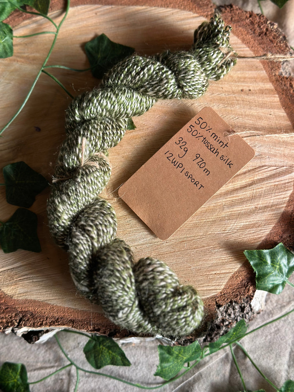 Mint and tussah silk - Hand-spun  sport yarn 32g 97m