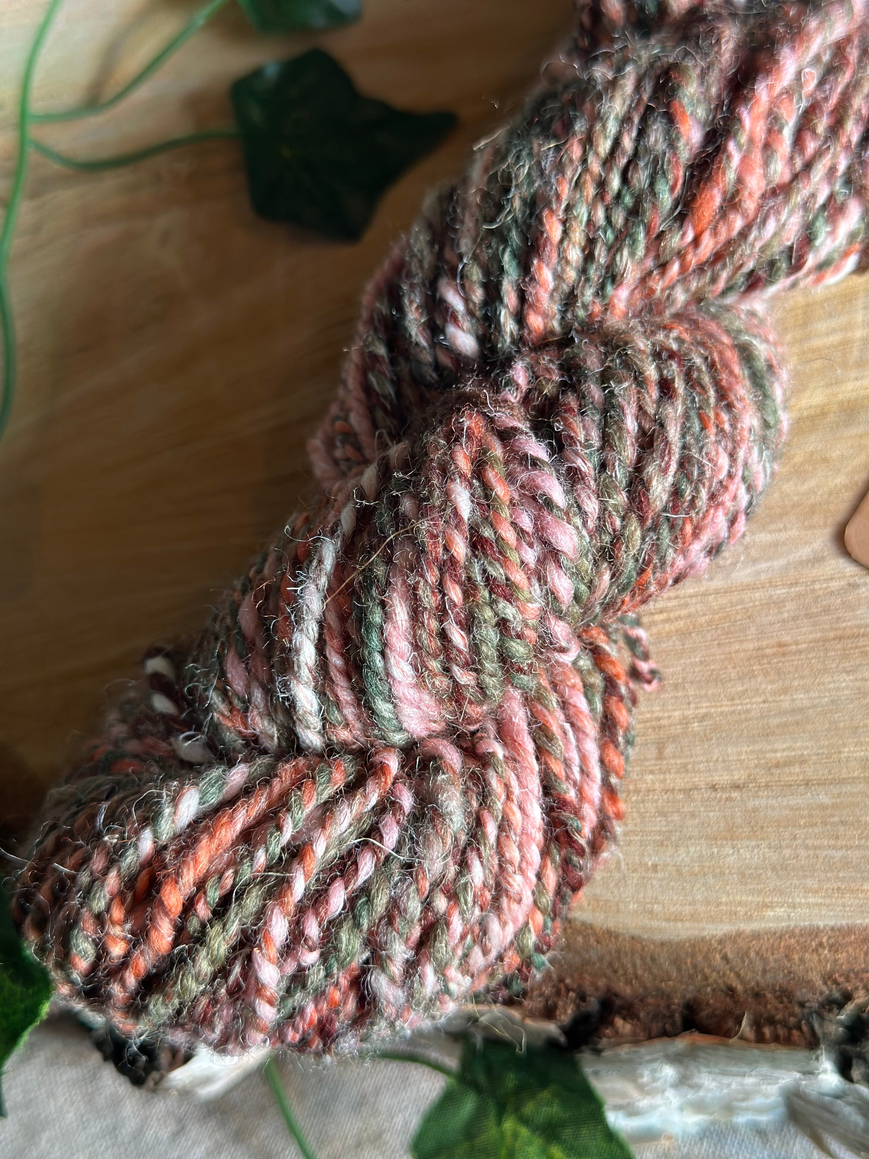 Sunset Sherbet 1 - worsted Shetland cannabis inspired yarn pink and green