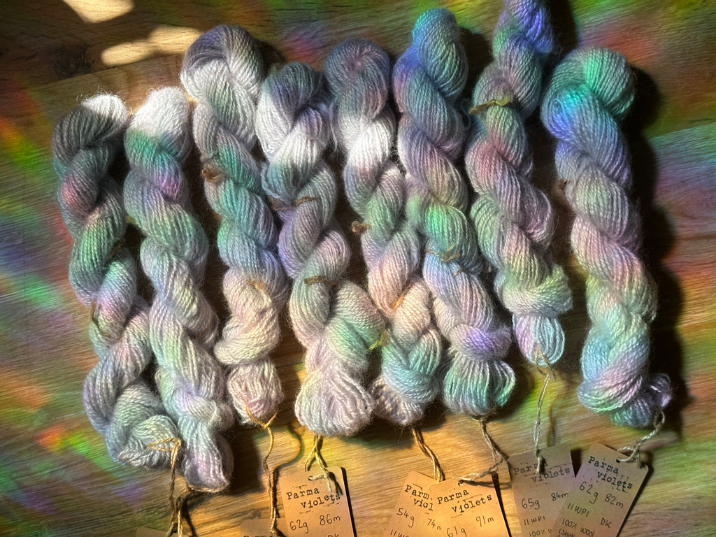 ‘Sweater quantity’ / full batch 473g handspun silver / lilac yarn in colourway: Parma violets
