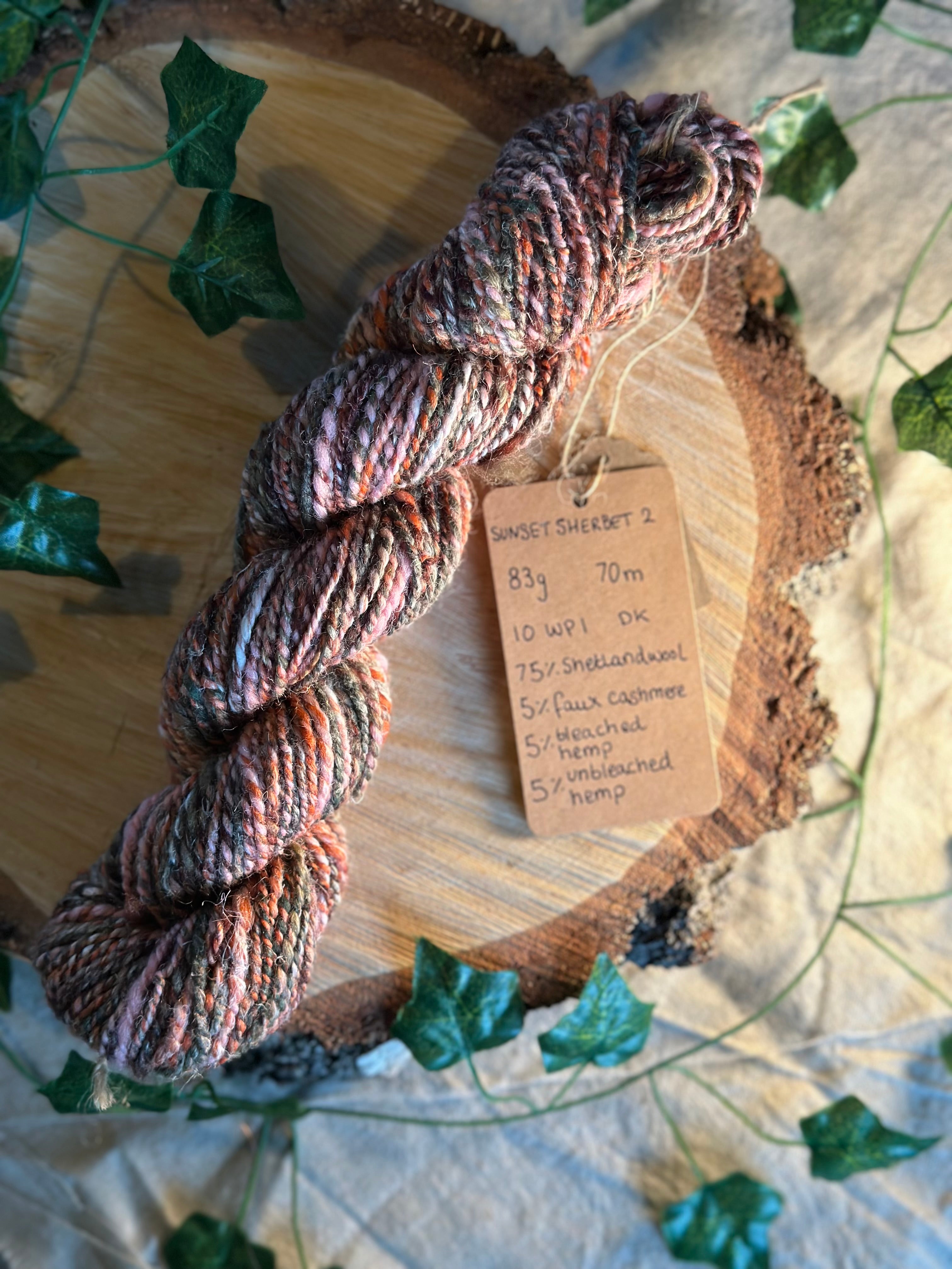 Sunset Sherbet 2 - hand blended hemp inspired Shetland wool yarn